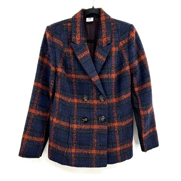 CABI Checkmate Jacket Wool Blue Orange Plaid Double Breasted Blazer Medium - Picture 2 of 9